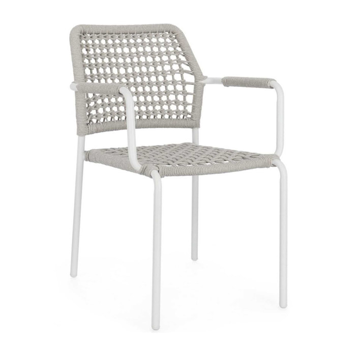 Set di 4 sedie con braccioli MIRANDA in alluminio e corda bianco, impilabili