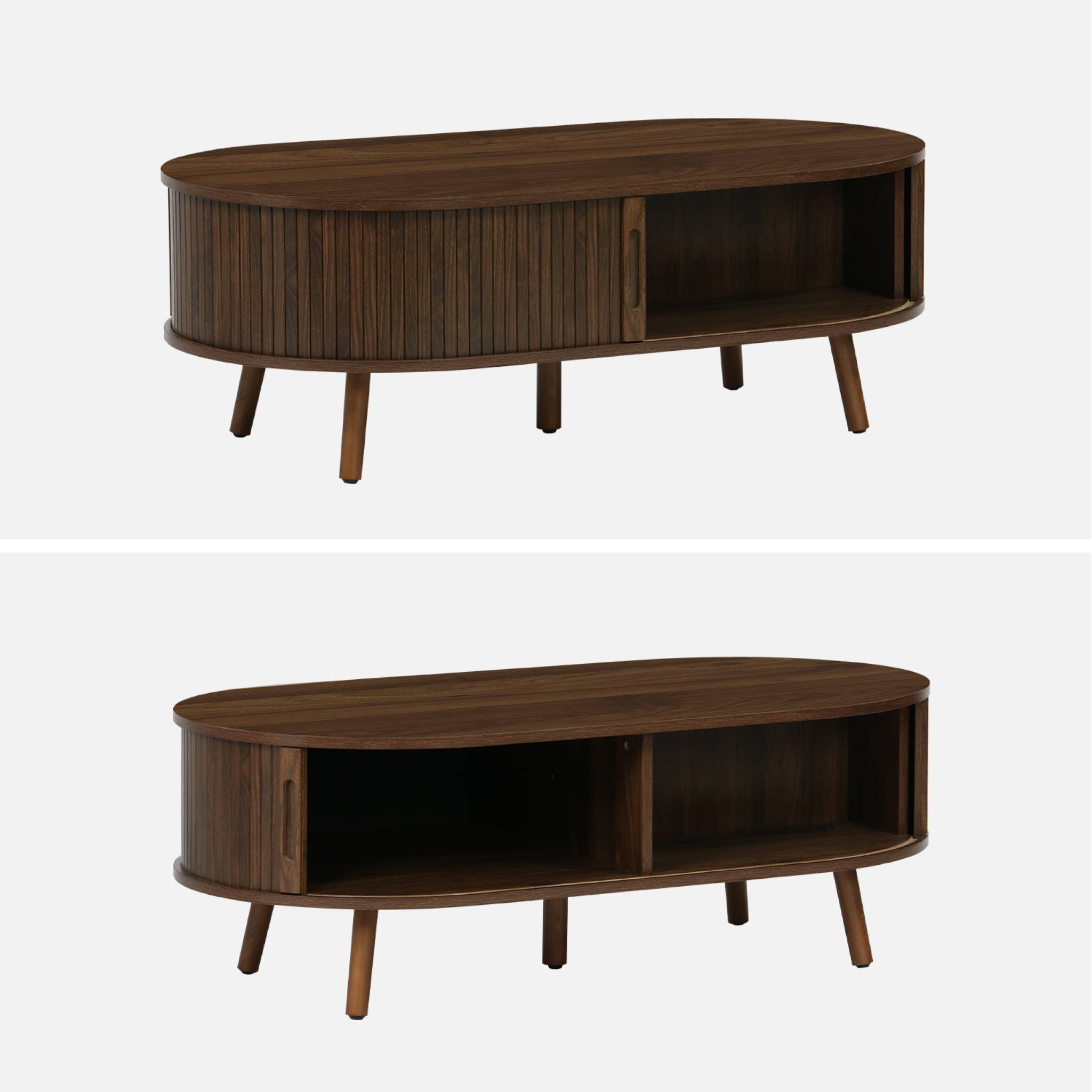 Table basse scandinave décor bois rainuré 2 portes coulissantes LEGACY