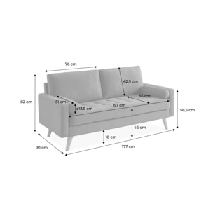 Canapé en tissu gris clair. 3 places scandinave fixe. droit. pieds bois