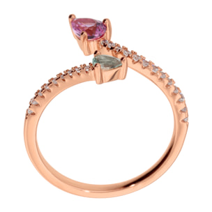 Anello Contrarié con Pavé e Cubic Zirconia a Goccia Verde e Rosa