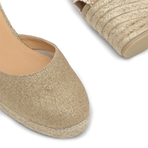 Alpargata de cuña Carina en lino metalizado con cierre de cintas