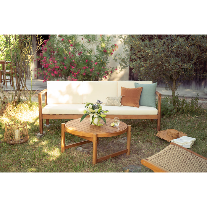Canapé de jardin 3 places en bois massif et coussins déhoussables beige naturel L190 cm AKIS