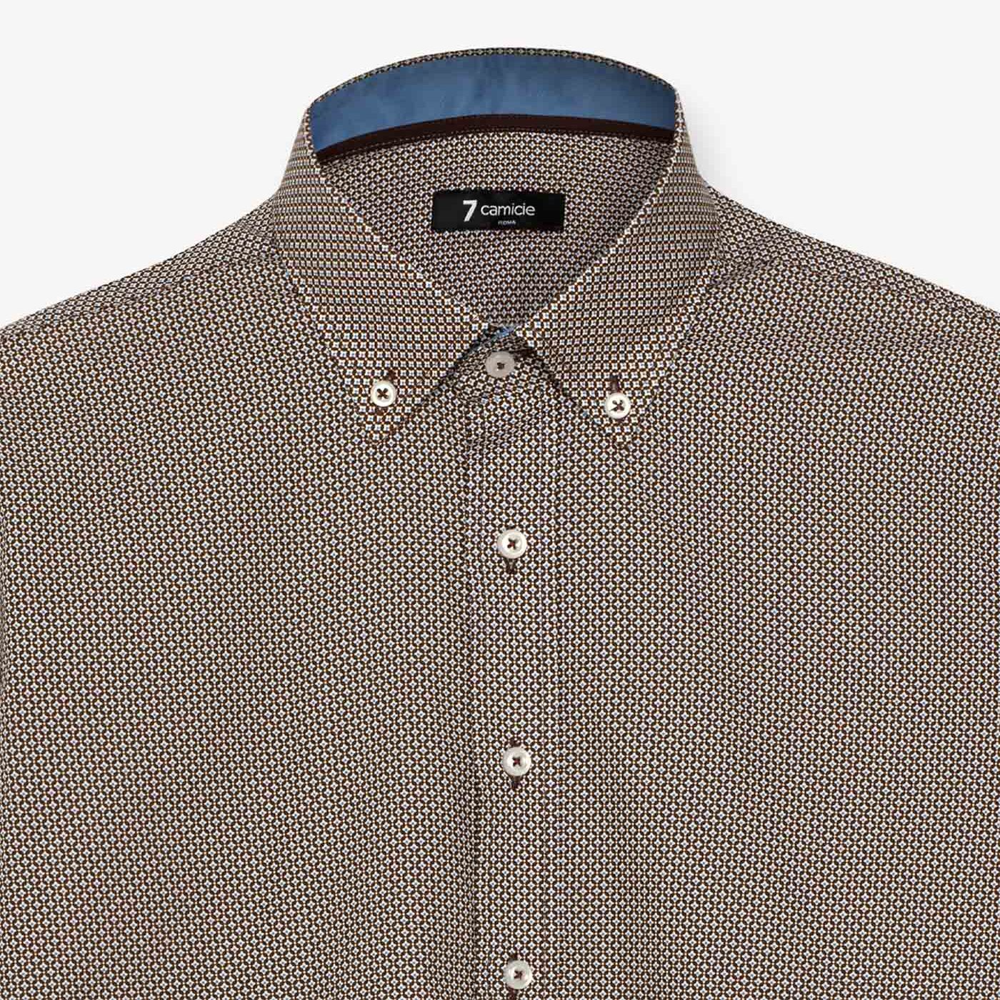 camicia uomo 1 bottone button down slim Popeline Stampato Marrone/Bianco