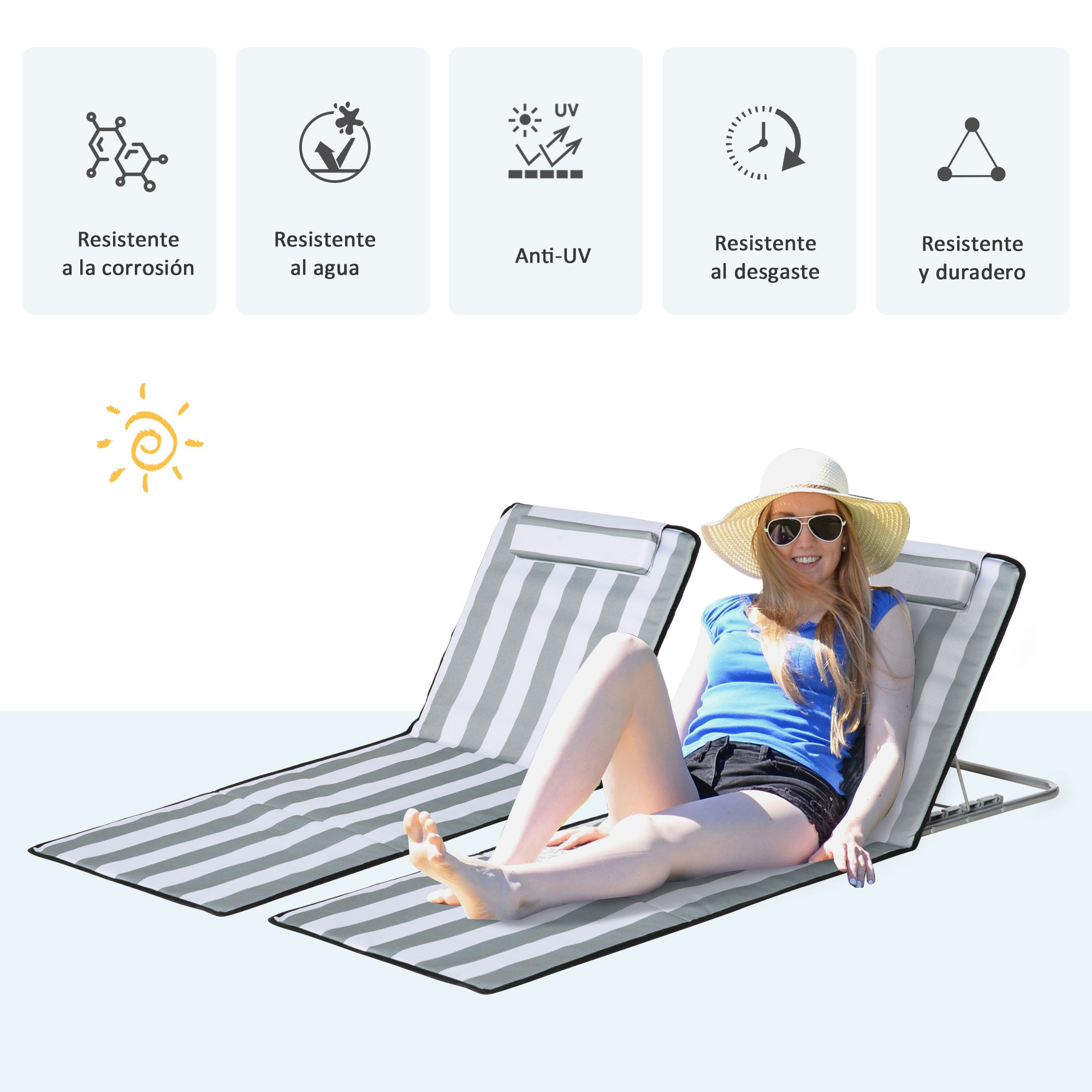 Conjunto de 2 Esterillas de Playa Plegables, Esterillas con Respaldo Reclinable en 5 Niveles, Reposacabezas y Bolsa de Transporte, 134x48x33-43 cm, Rayas Blanco y Gris