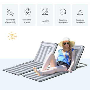 Conjunto de 2 Esterillas de Playa Plegables, Esterillas con Respaldo Reclinable en 5 Niveles, Reposacabezas y Bolsa de Transporte, 134x48x33-43 cm, Rayas Blanco y Gris