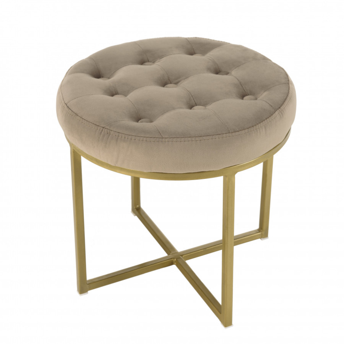 ALBANE - Tabouret rond 41x41cm velours taupe avec boutons pieds croisés métal doré