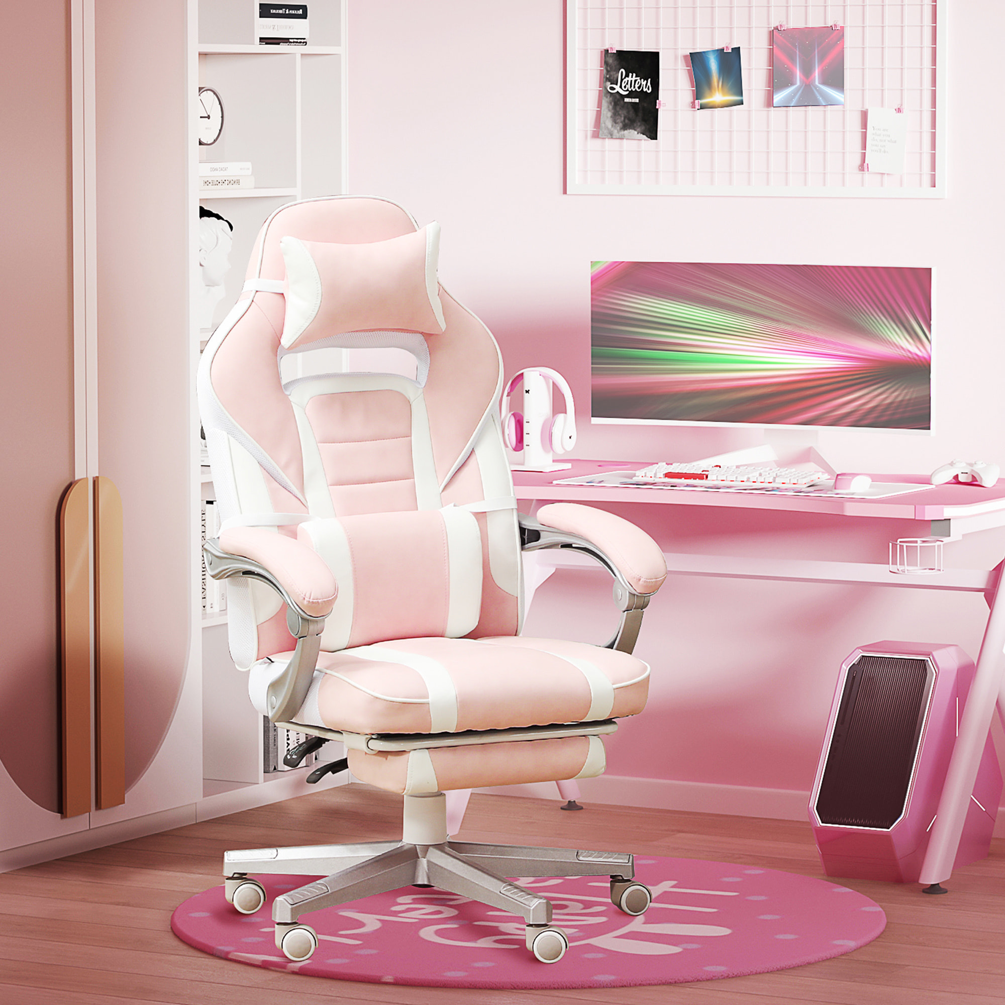 Chaise gaming inclinable réglable repose-pieds rétractable blanc rose pâle
