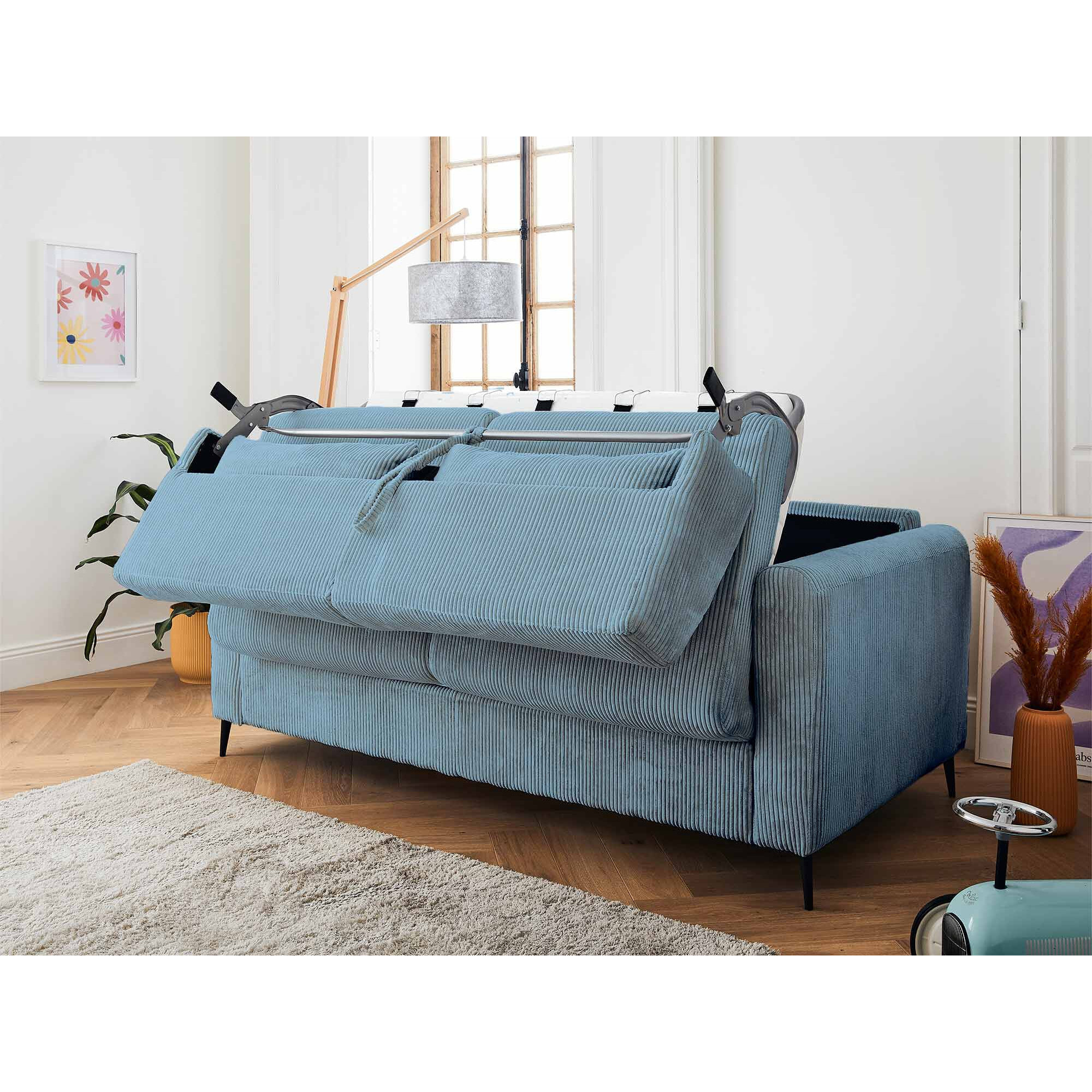 Owen - canapé lit 3 places convertible express couchage quotidien 140 cm matelas 12 cm en velours côtelé - Bleu grisé
