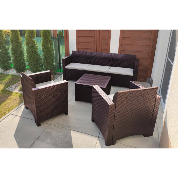 Set salotto da esterno Admiral, Set da giardino con cuscini, Salottino indoor e outdoor effetto rattan, 100% Made in Italy, Marrone