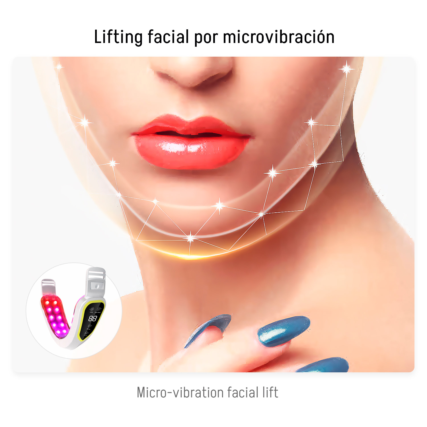 Dispositivo de belleza facial con 12 niveles de ajuste, 5 modos de luz LED y temporizador.