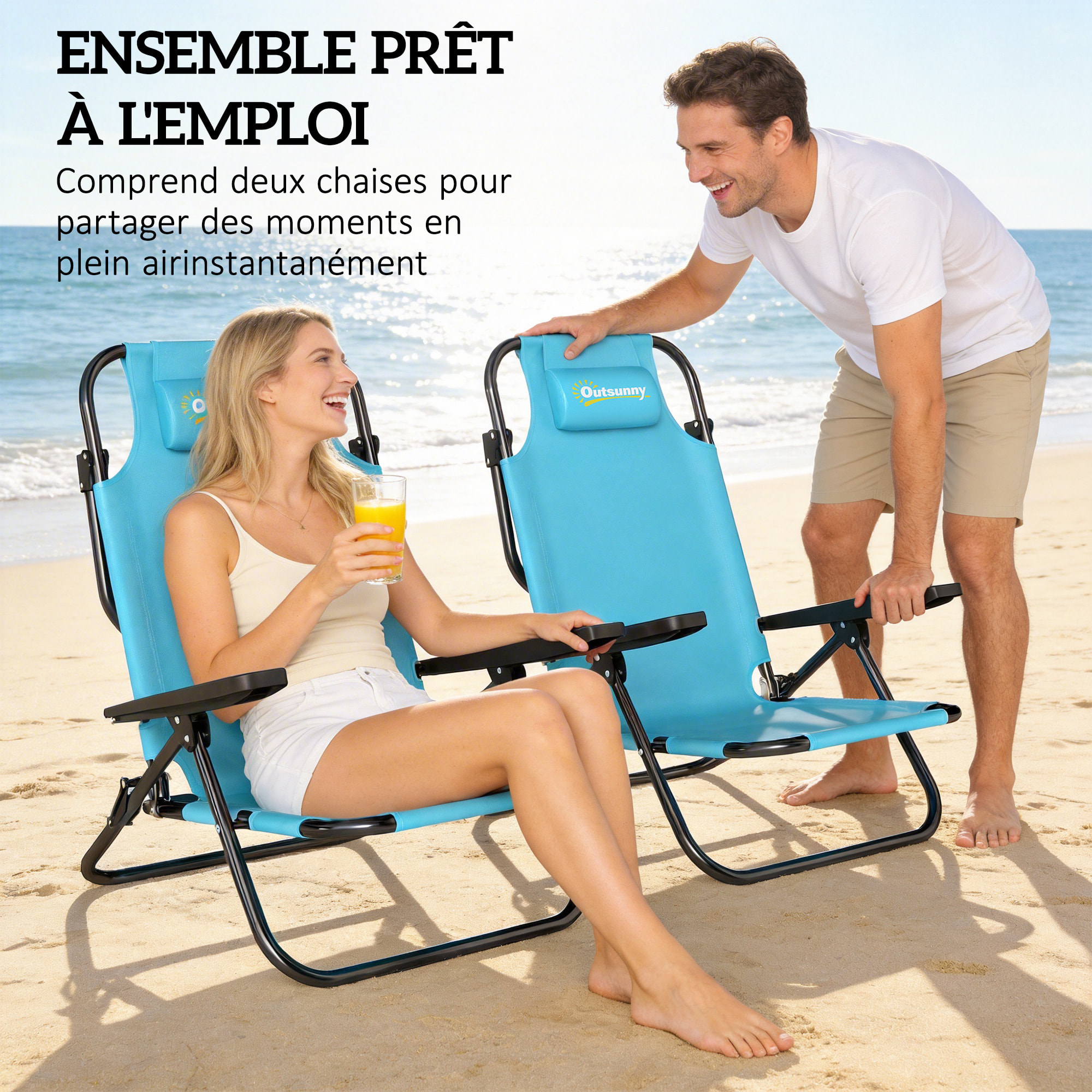 Lot de 2 chaises de plage pliables inclinables bleu