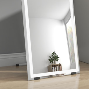 Miroir sur pied ou mural rectangulaire grande taille LED tactile dim. 40L x 50l x 148H cm verre métal blanc