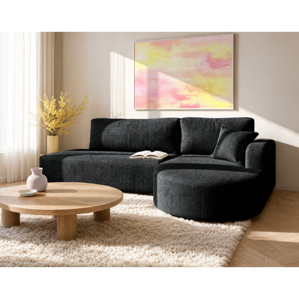 Miro - Canapé d'angle droit 4 places convertible avec coffre en velours texturé - Gris Anthracite