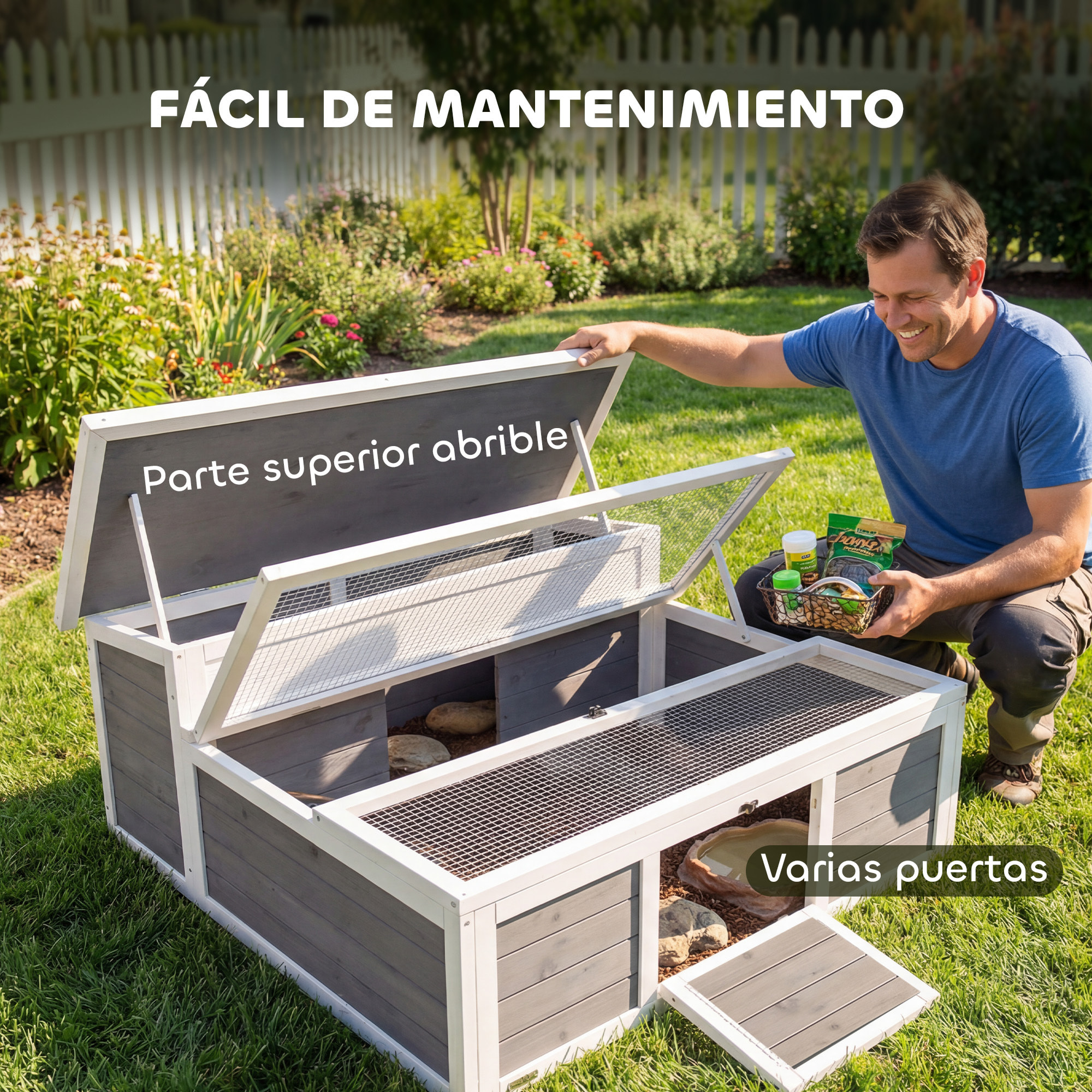 Casa para Tortugas de Madera, Terrario para Reptiles con Ventana Transparente, Techo Abatible y Puertas, Caseta para Tortugas y Conejos, para Exterior, 113x106,5x44,5 cm, Gris Oscuro