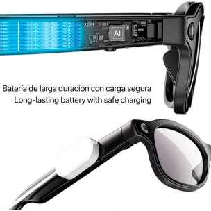Occhiali intelligenti W93 con fotocamera da 8 MP per foto e video a 1200p. 16 GB di memoria interna. Traduttore in tempo reale con assistente vocale intelligente e 3 tipi di lenti.