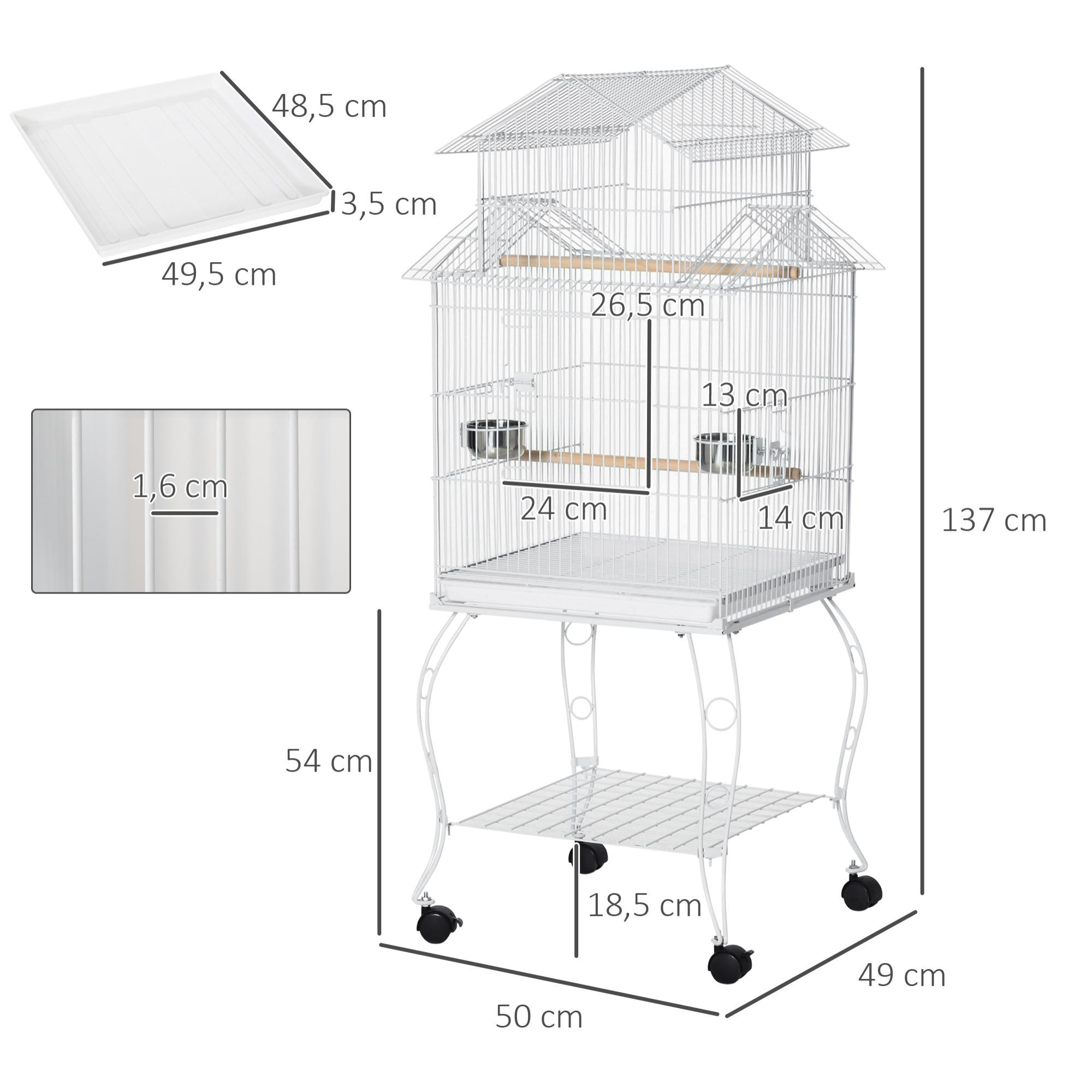 Jaula para Pájaros con Ruedas 50x49x137cm con Bandeja Extraíble Comederos Blanco