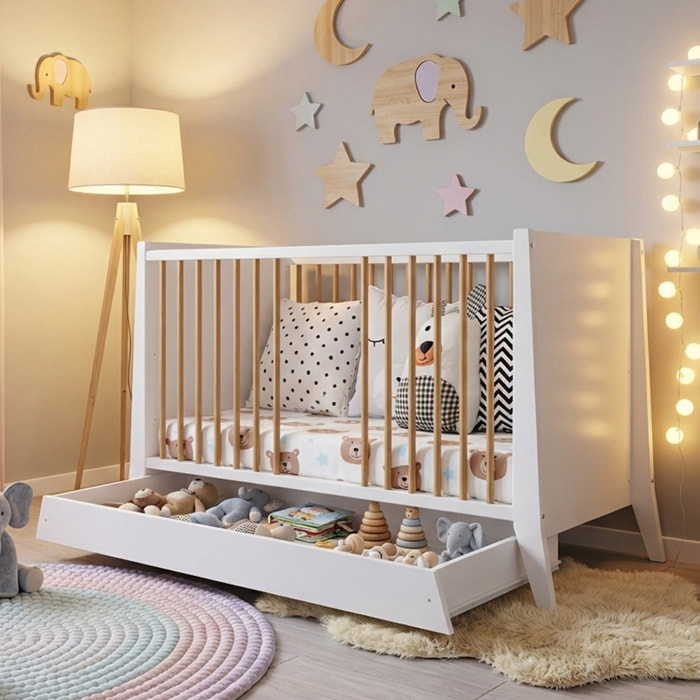 Lit Evolutif Timéo à barreaux 60 x 120 cm, Couleur Blanc & Bois, En Bois, 3 Hauteurs, Tiroir intégré, Barreaux amovibles