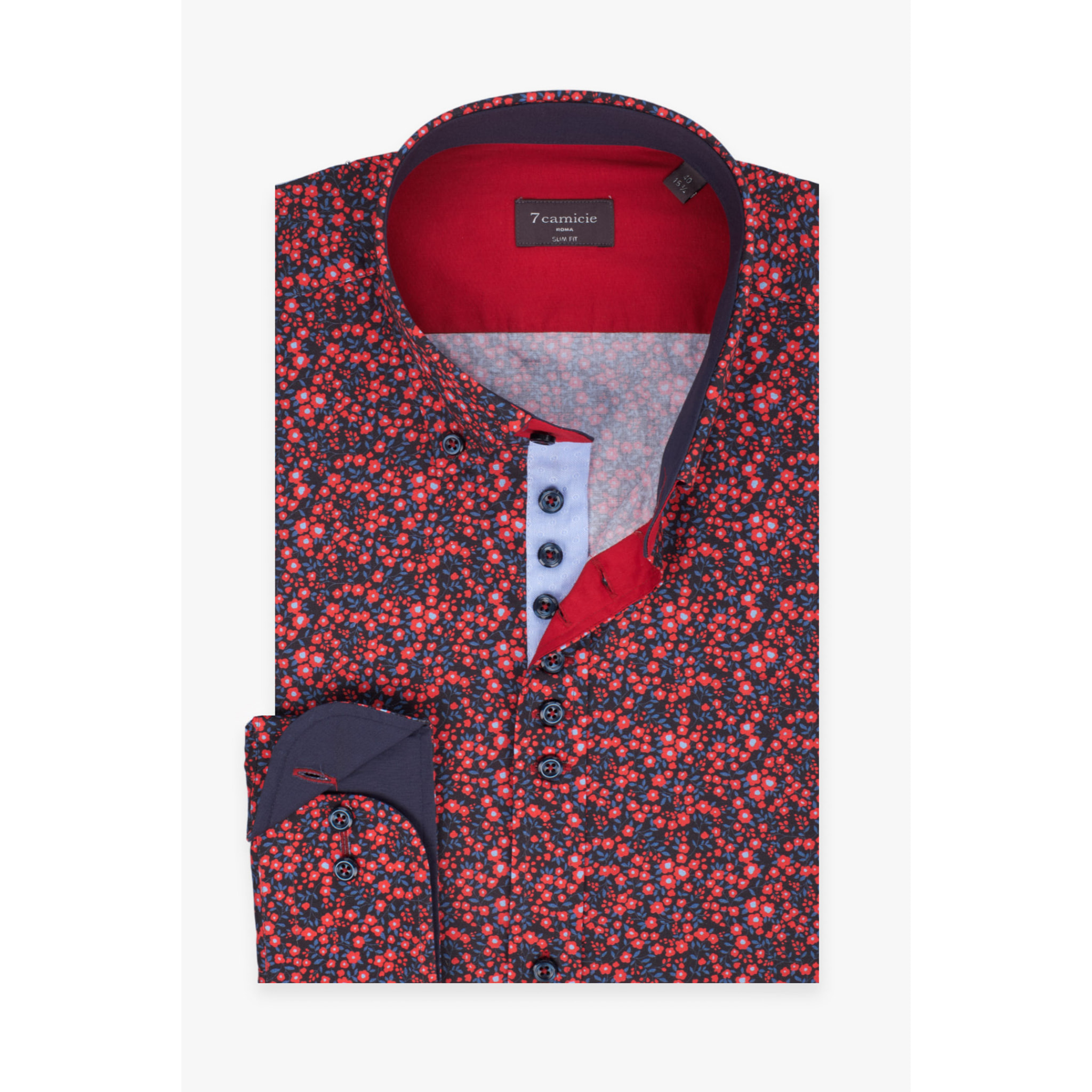 Camicia Uomo 1 Bottoni Button Down Slim Popeline Stampato Rosso/Blu
