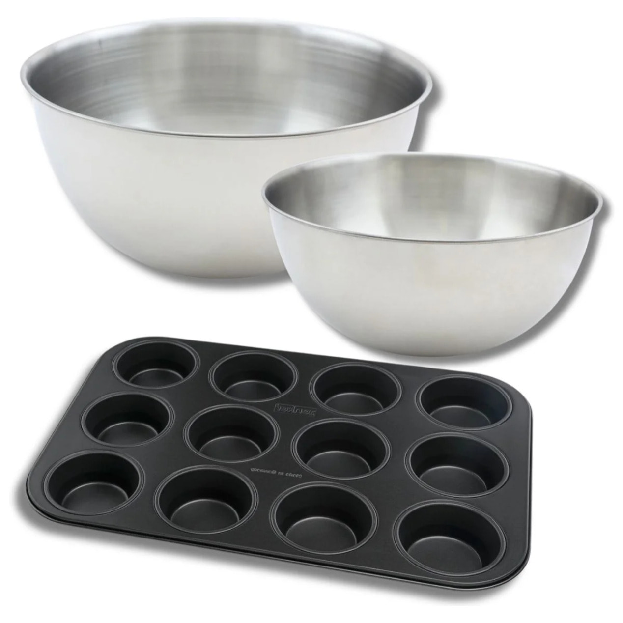 Lot comprenant 1 Moule à Muffins 12 empreintes, 1 spatule Zenker et 2 bols à mixer en inox Fackelmann