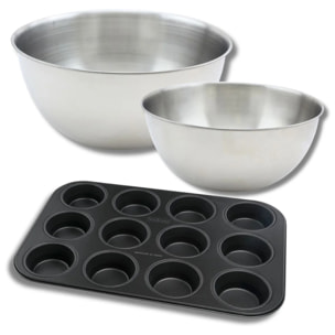 Lot comprenant 1 Moule à Muffins 12 empreintes, 1 spatule Zenker et 2 bols à mixer en inox Fackelmann