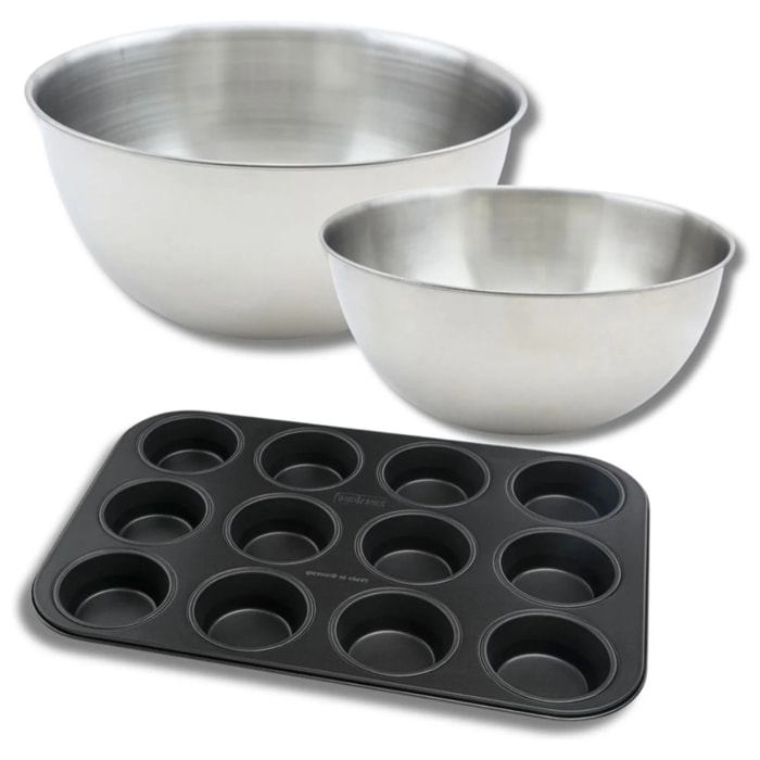 Lot comprenant 1 Moule à Muffins 12 empreintes, 1 spatule Zenker et 2 bols à mixer en inox Fackelmann