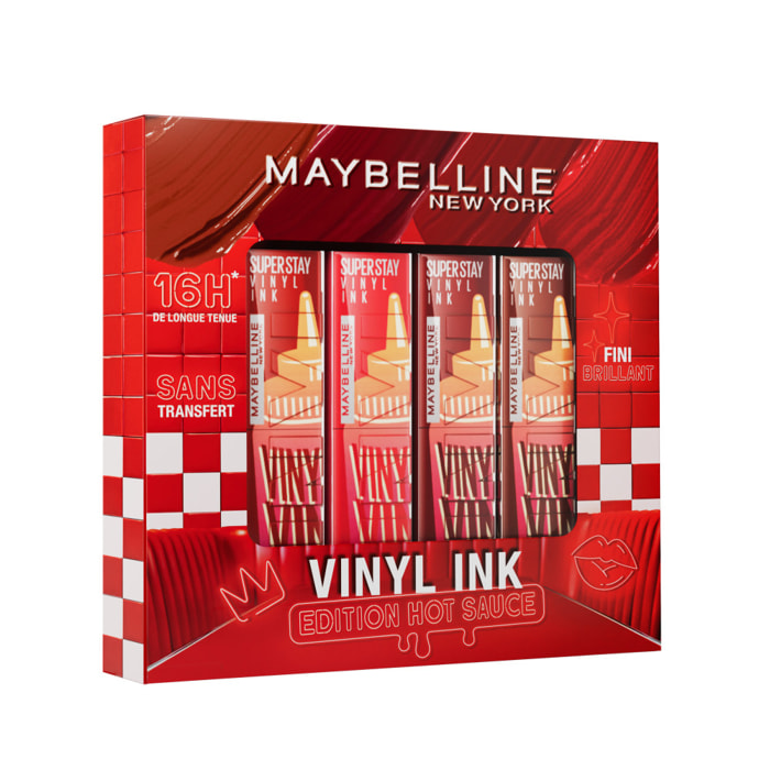 Maybelline New York Coffret Encre à Lèvres Vinyl Ink Hot Sauce Collection Salsa, Pomodoro, Sweet N Sour, Barbecue