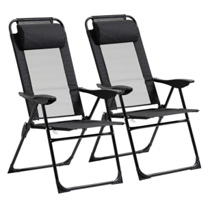 Lot de 2 chaises de jardin camping pliables - dossier inclinable 5 positions - tétière incluse - acier époxy oxford textilène noir