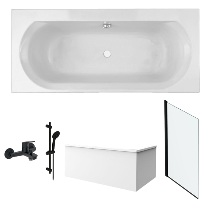 Pack baignoire droite 180 x 80 Elise + tablier angle + pommeau et mitigeur bain noir Aimé + pare bain noir + vidage