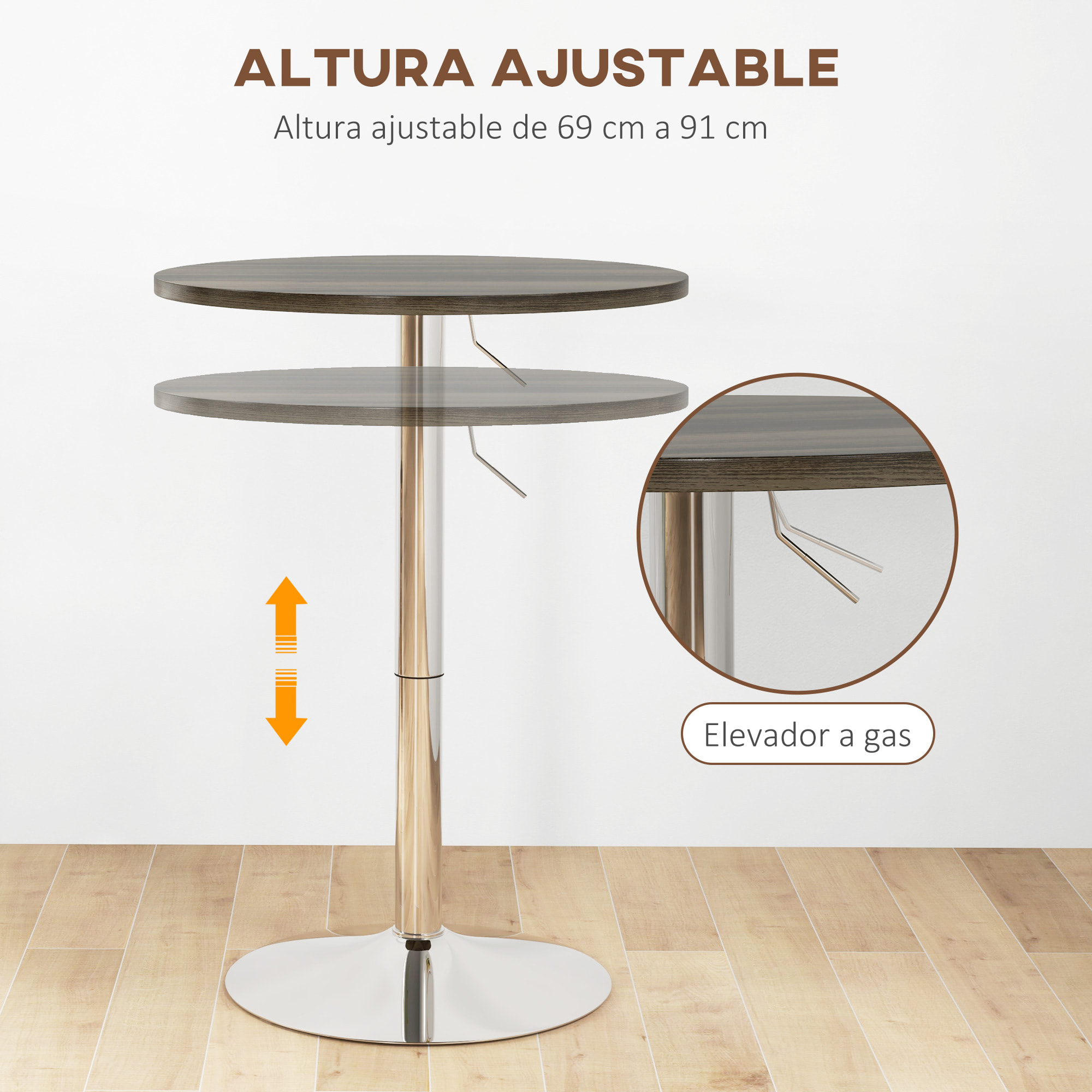Mesa Alta Cocina, Mesa Alta Bar Redonda para 2 Personas, Altura Ajustable 69-91 cm, Tablero Giratorio 360°, Base de Acero, para Salón, Comedor, Cocina, 60x60x91 cm, Nogal