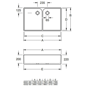 Evier double cuves blanc VILEROY ET BOCH O Novo 220 x 895 x 550 mm avec trop-plein