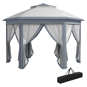 Carpa Plegable 4x3,4 m, Cenador de Jardín Hexagonal con Doble Techo, 6 Mosquiteras Extraíbles y Bolsa de Transporte, Impermeable, Anti-UV para Exterior, Fiestas, Gris
