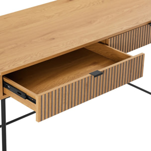 SCOTT - Bureau 2 tiroirs décor effet bois rainuré noir et naturel