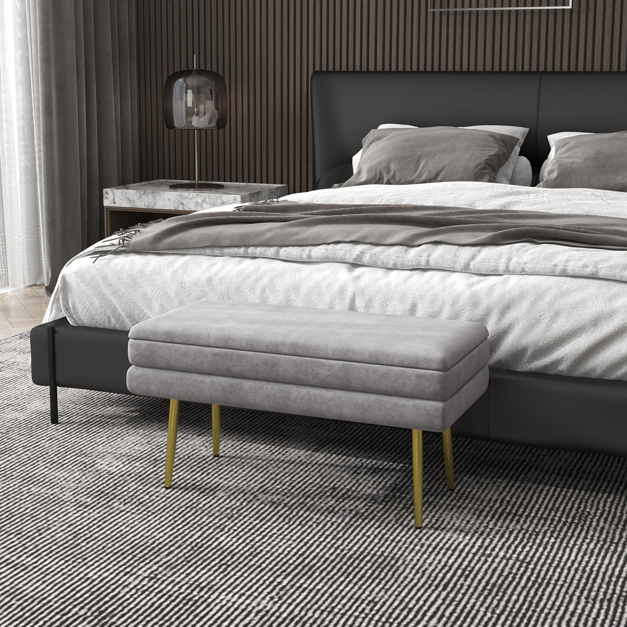 Banquette coffre de rangement 2 en 1 piètement effilé incliné acier doré velours gris clair