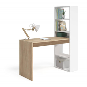 Scrivania Denton, Scrittoio multifunzione reversibile con libreria a 5 ripiani, Tavolo da studio o ufficio porta PC portalibri, cm 120x53h144, Bianco e Rovere