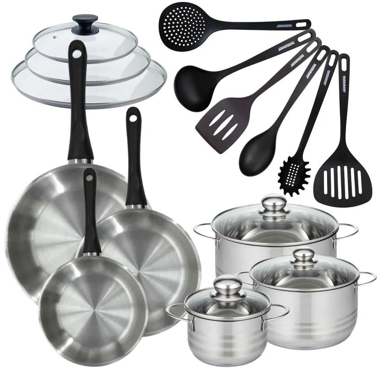 Set de 3 poêles 20 24 28 cm en inox, couvercles verres, 3 faitouts inox 16, 20 et 24 cm et 6 ustensiles RPET Fackelmann Geneva