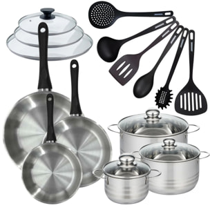 Set de 3 poêles 20 24 28 cm en inox, couvercles verres, 3 faitouts inox 16, 20 et 24 cm et 6 ustensiles RPET Fackelmann Geneva