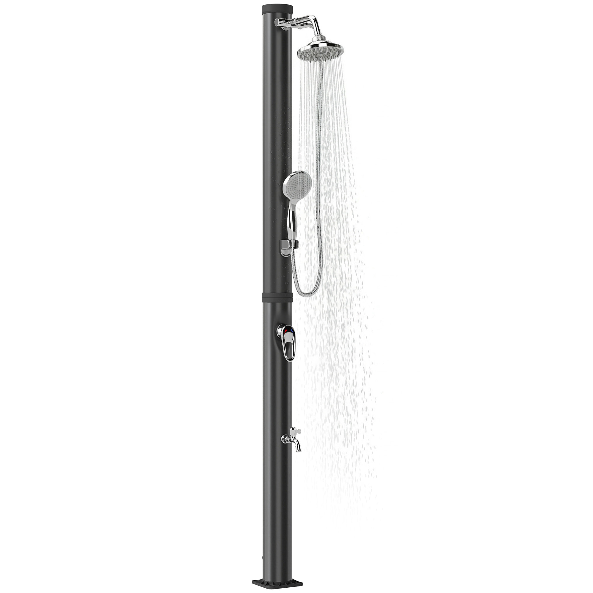 Ducha Solar de Jardín 20L Ducha Solar Exterior con Cabezal Rociador de Mano Grifo Pies Agua Fría y Caliente Máx. 60 °C Protección contra Congelamiento para Piscina Camping 42x11x215 cm Negro