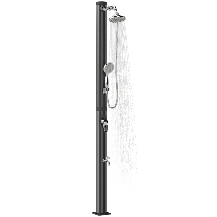 Ducha Solar de Jardín 20L Ducha Solar Exterior con Cabezal Rociador de Mano Grifo Pies Agua Fría y Caliente Máx. 60 °C Protección contra Congelamiento para Piscina Camping 42x11x215 cm Negro