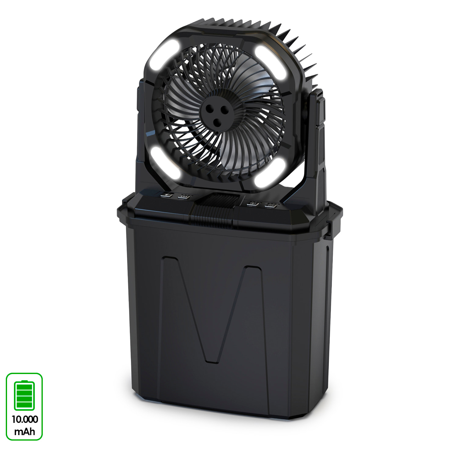 Ventilador F913 con 4 velocidades, 4 modos de spray y luces RGB con diferentes modos, depósito de 9L, temporizador y mando remoto. Incluye power bank 10.000mAh, 6W y viento máx. 5,2 m/s.