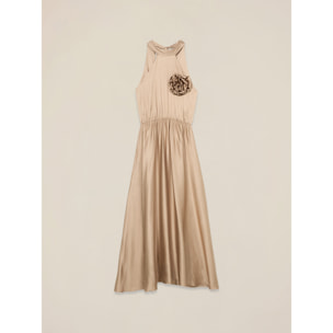 Oltre - Vestito lungo in raso con fiore - Beige