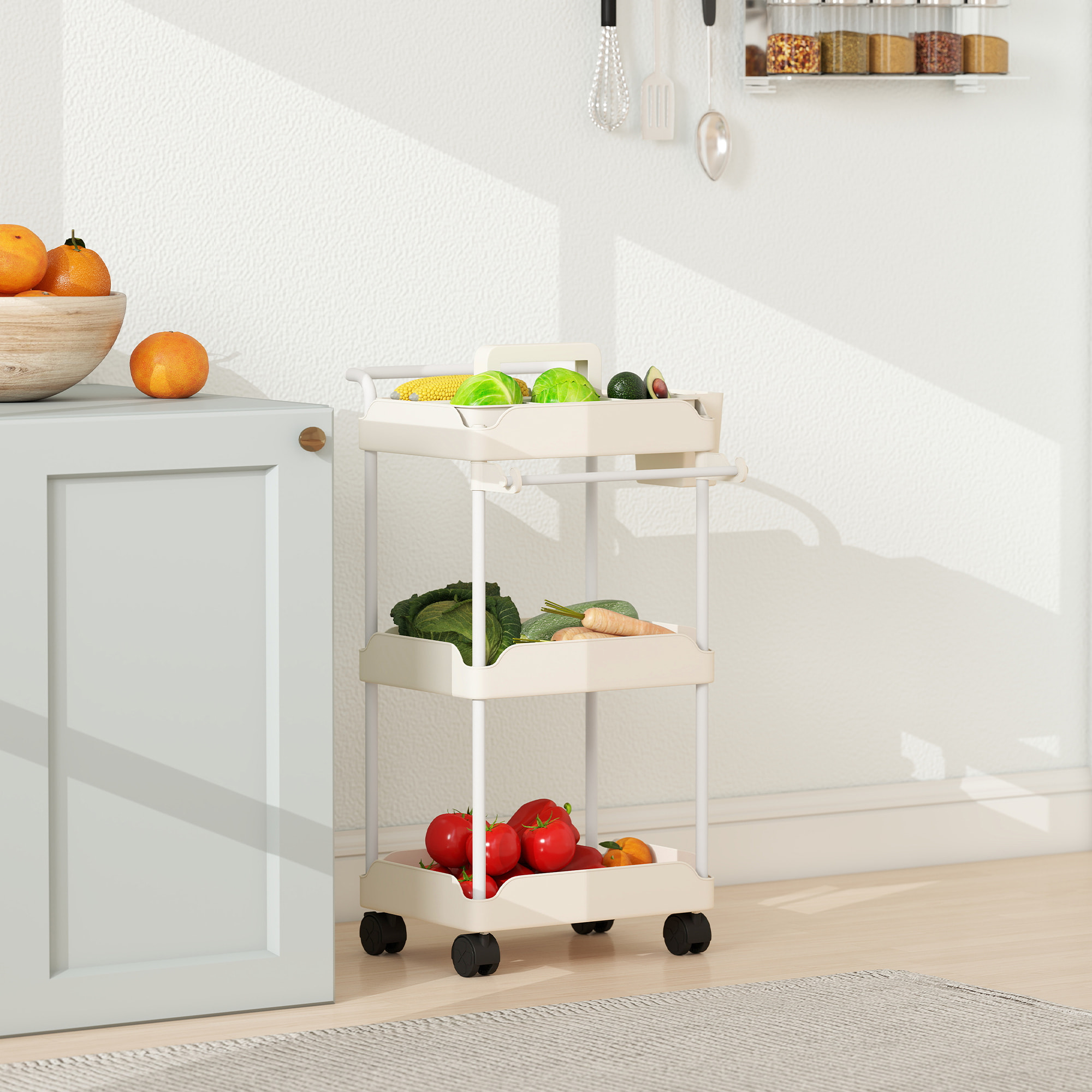 Carrito Auxiliar con Ruedas de 3 Niveles, Carrito de Cocina con Cestas Extraíbles, Ruedas con Freno, Soporte para Toallas y Marco de Metal, Carro de Servicio para Comedor, Salón, Baño, Blanco