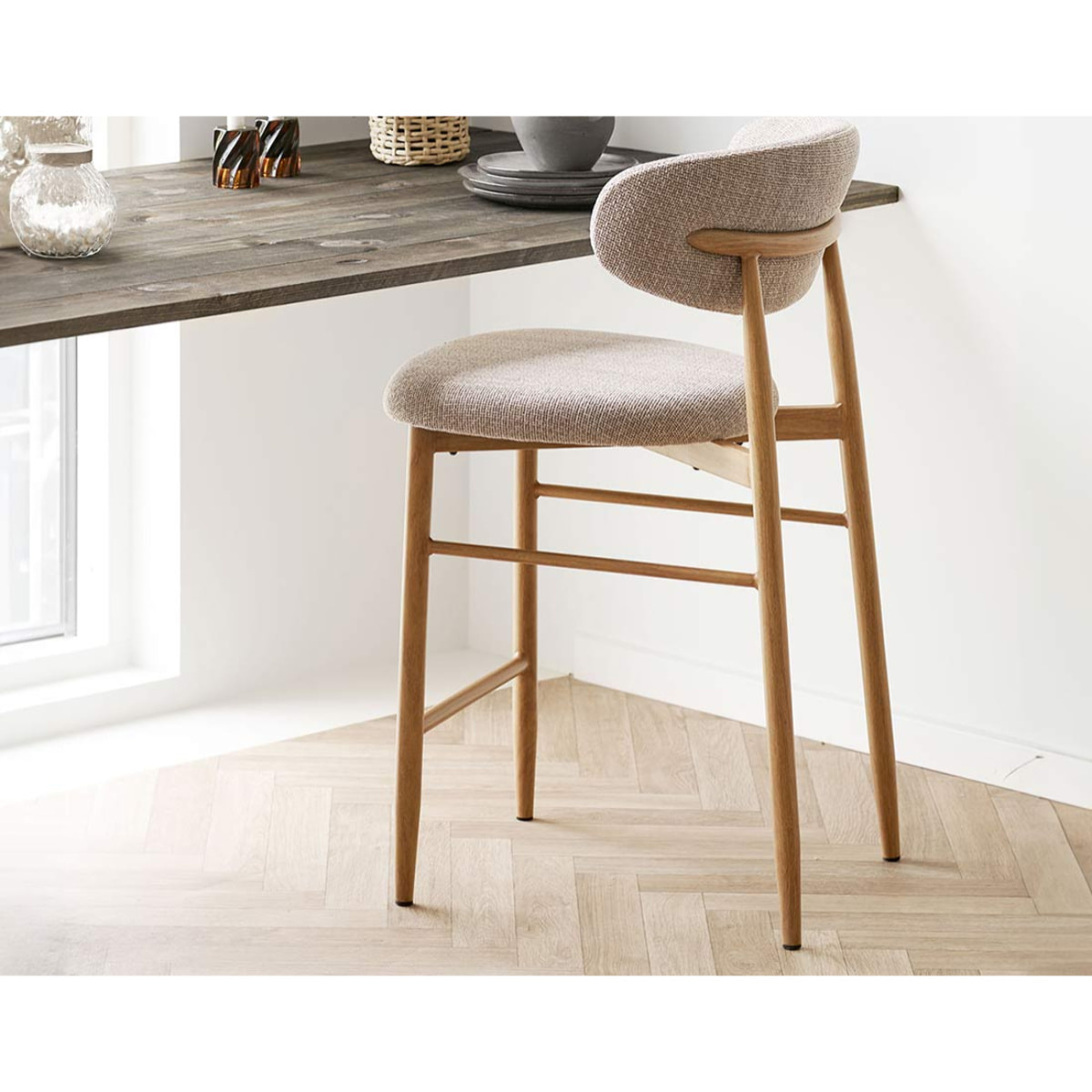 Eddie - lot de 2 tabourets en tissu texturé - pieds en acier effet bois - Bois / Beige