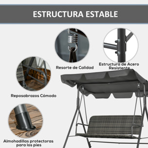 Columpio de Jardín Exterior de 3 Plazas Balancín de Jardín Exterior con Toldo Ajustable Asiento de Ratán PE y Reposabrazos para Balcón Terraza Patio Carga 240 kg 167x112x153 cm Gris