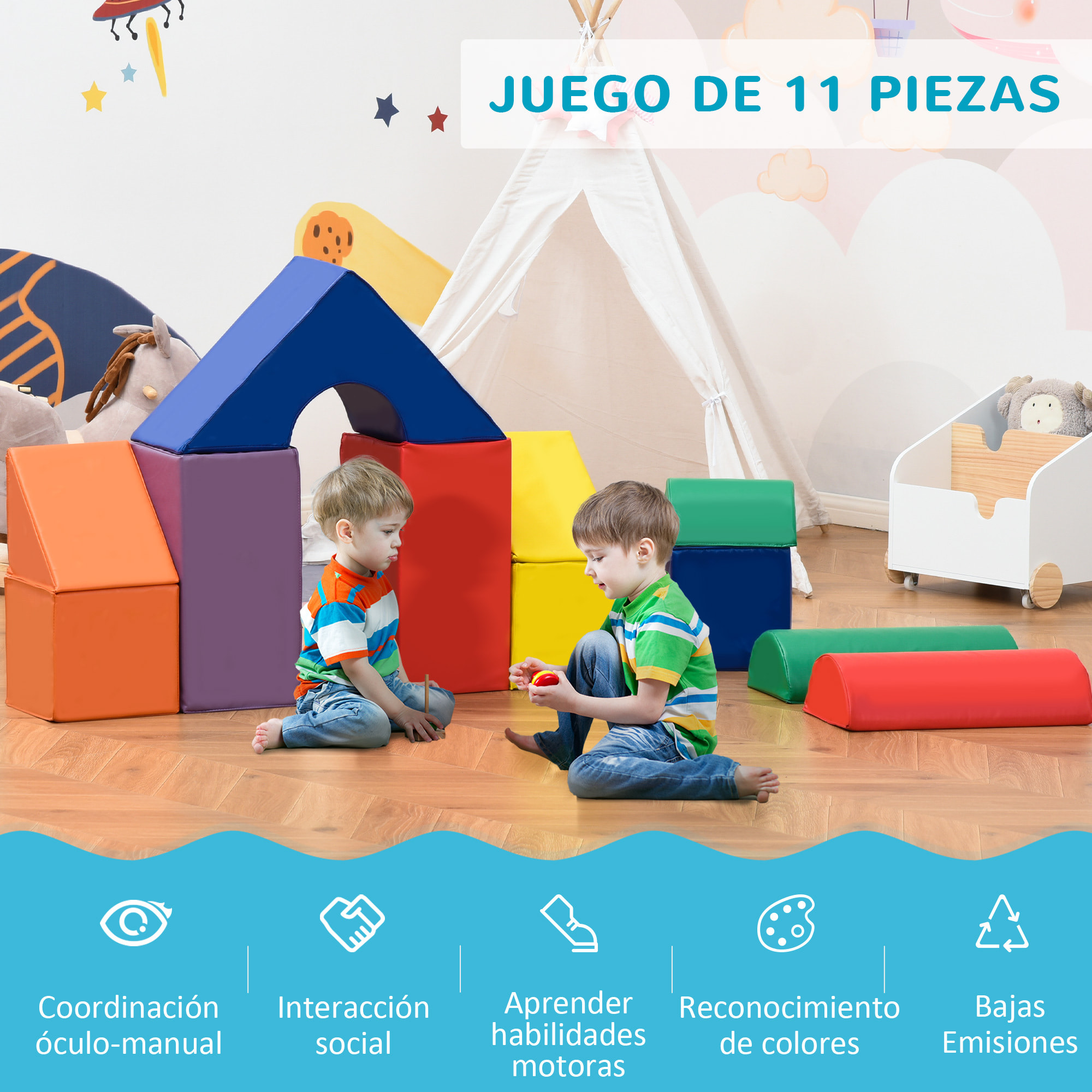 Juego de 11 Bloques de Espuma para Niños Bloques Psicomotricidad Figuras de Construcción Juguete para Aprendizaje para Niños de 1-3 Años 50x50x25 cm Multicolor