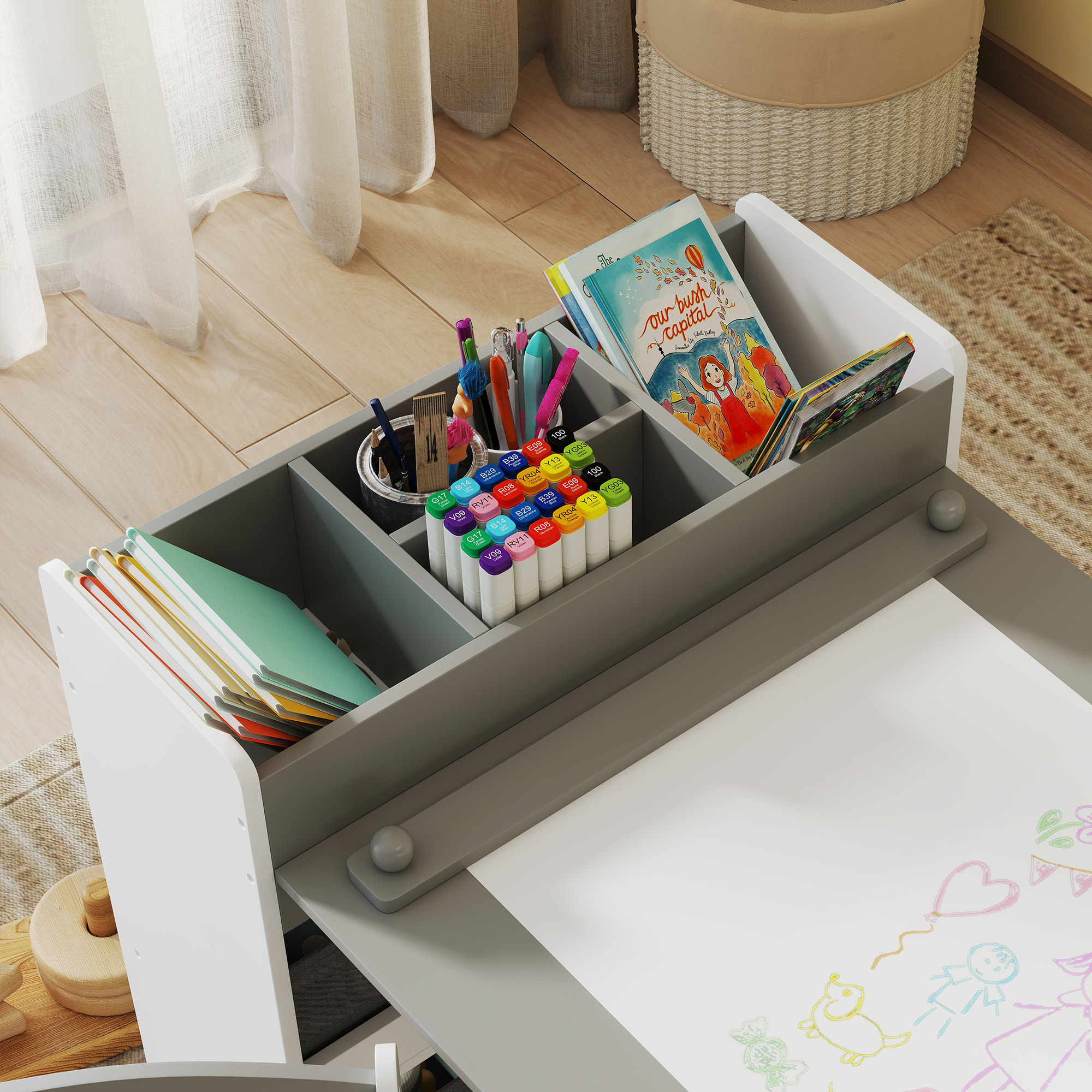 Table enfant avec 2 chaises en bois rouleau de papier étagères tiroirs blanc gris