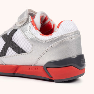 Zapatillas de fútbol sala infantiles con velcro en gris metalizado y rojo MUNICH ONE KID VCO 79