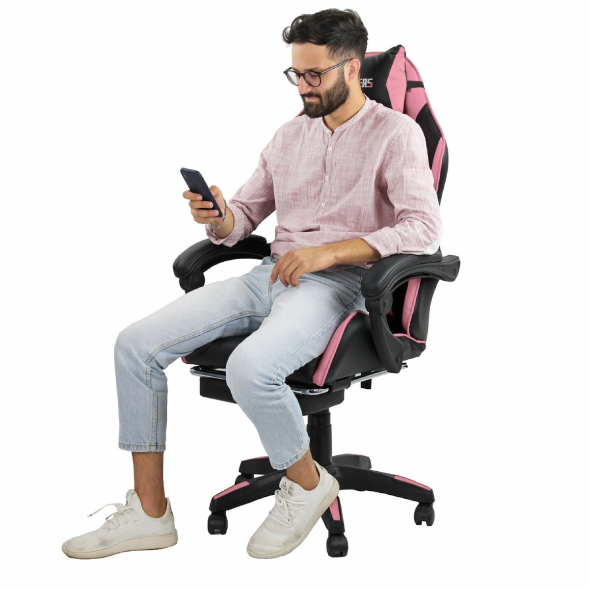 Sedia gaming rosa e nera con poggiapiedi estraibile