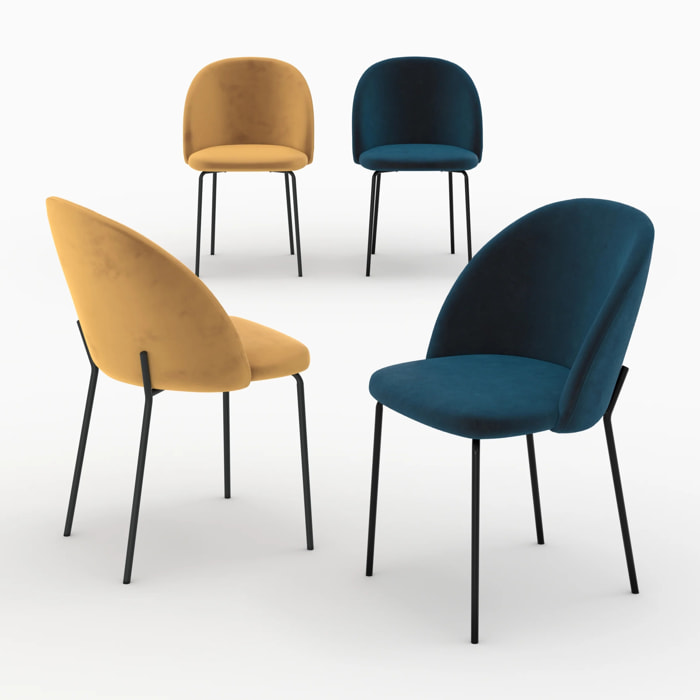 Pack 4 chaises en velours jaune moutarde et bleu foncé - Karl