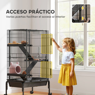 Jaula para Animales Pequeños de 4 Niveles Jaula para Roedores con Ruedas Rampas Cuenco Botella de Agua y Bandeja Extraíble Recinto para Conejos Chinchillas Hurones Cobayo 69x44x120 cm Negro