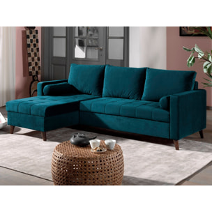 POLAR - Canapé d'angle réversible convertible - en velours au design scandinave - 4 places - Bleu canard